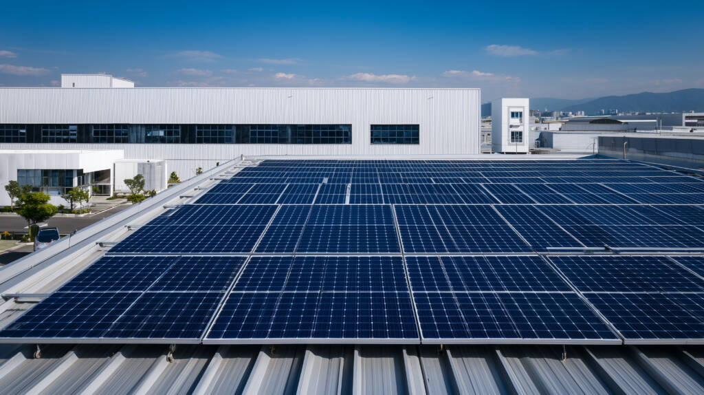 Photo du toit d'un entrepôt avec des panneaux photovoltaïques permettant de réduire l'empreinte carbone du bâtiment