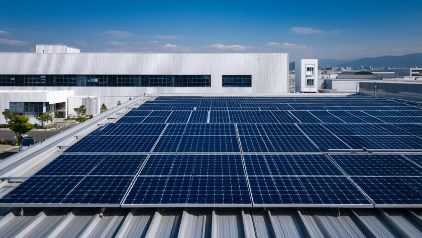 Photo du toit d'un entrepôt avec des panneaux photovoltaïques permettant de réduire l'empreinte carbone du bâtiment